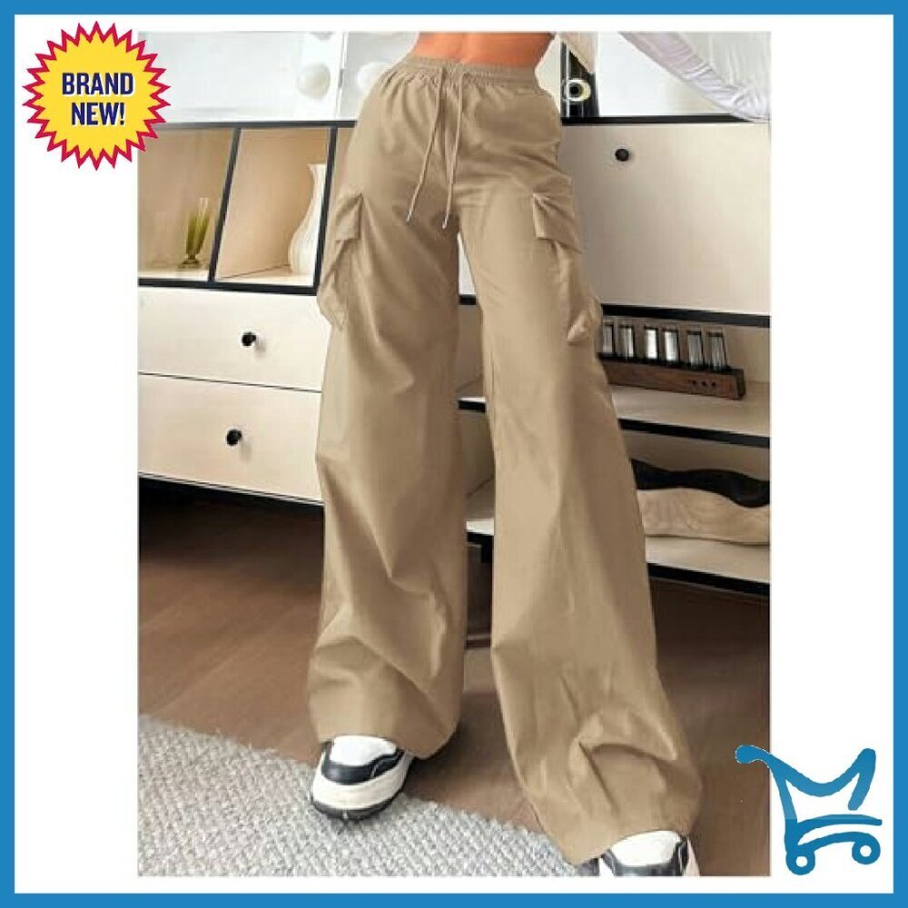 Women's Cargo Pants High Waist Wide Leg Drawstring Casual Streetwear - Picture 5 of 6